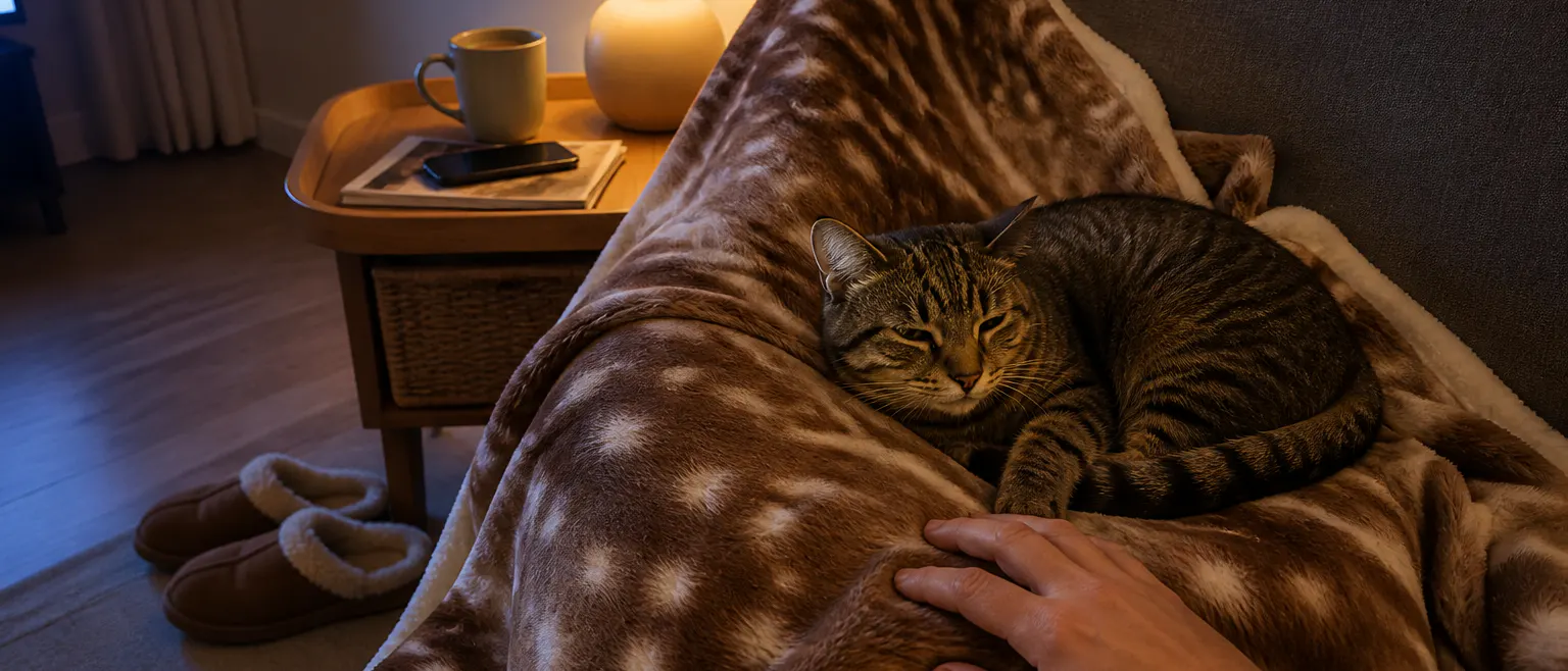 A lamp-lit living room at night with the CabinThrow wrapped over someone's legs and a cat settled on top