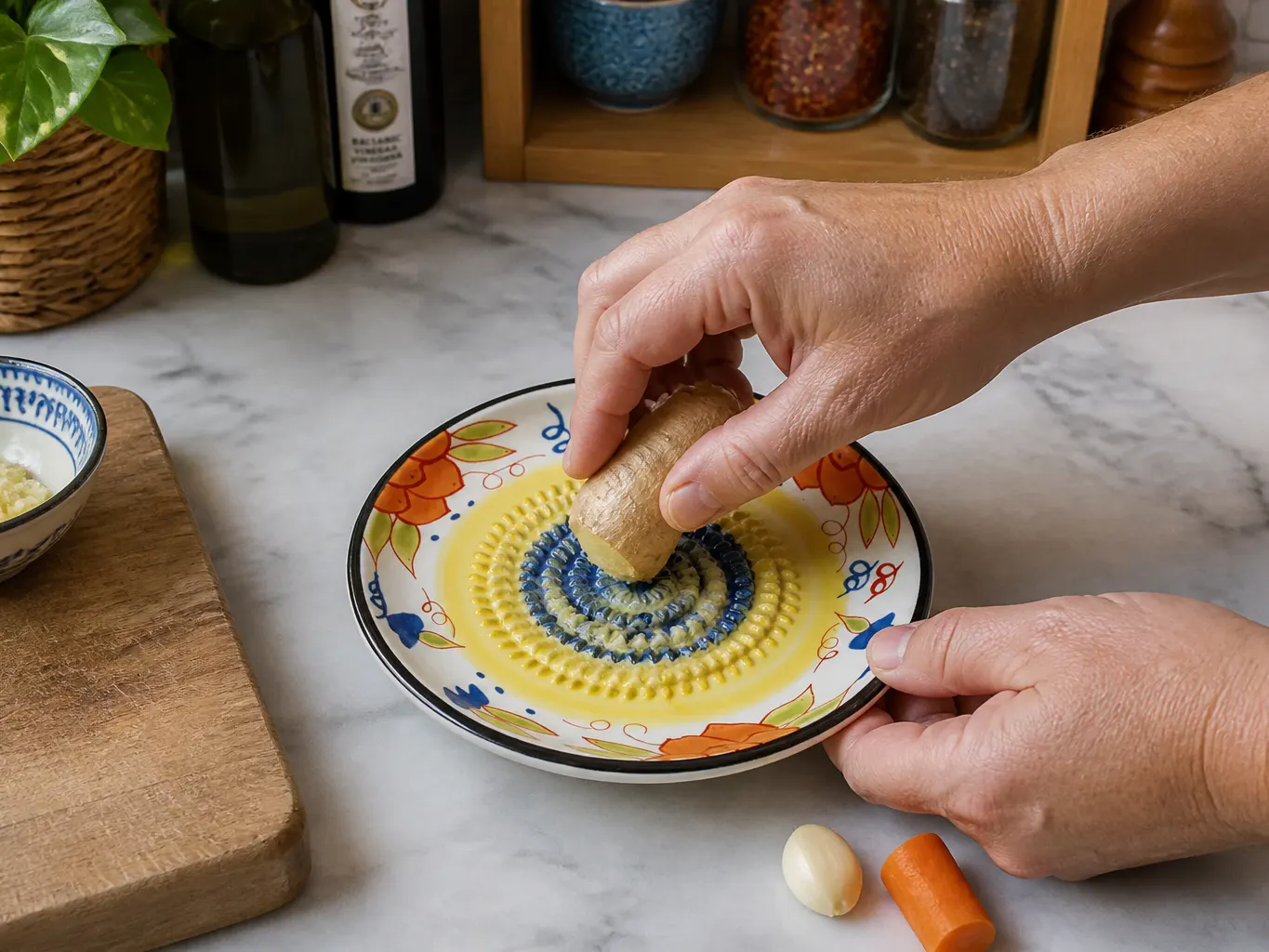 A row of hand-painted dishes each with a slightly different pattern
