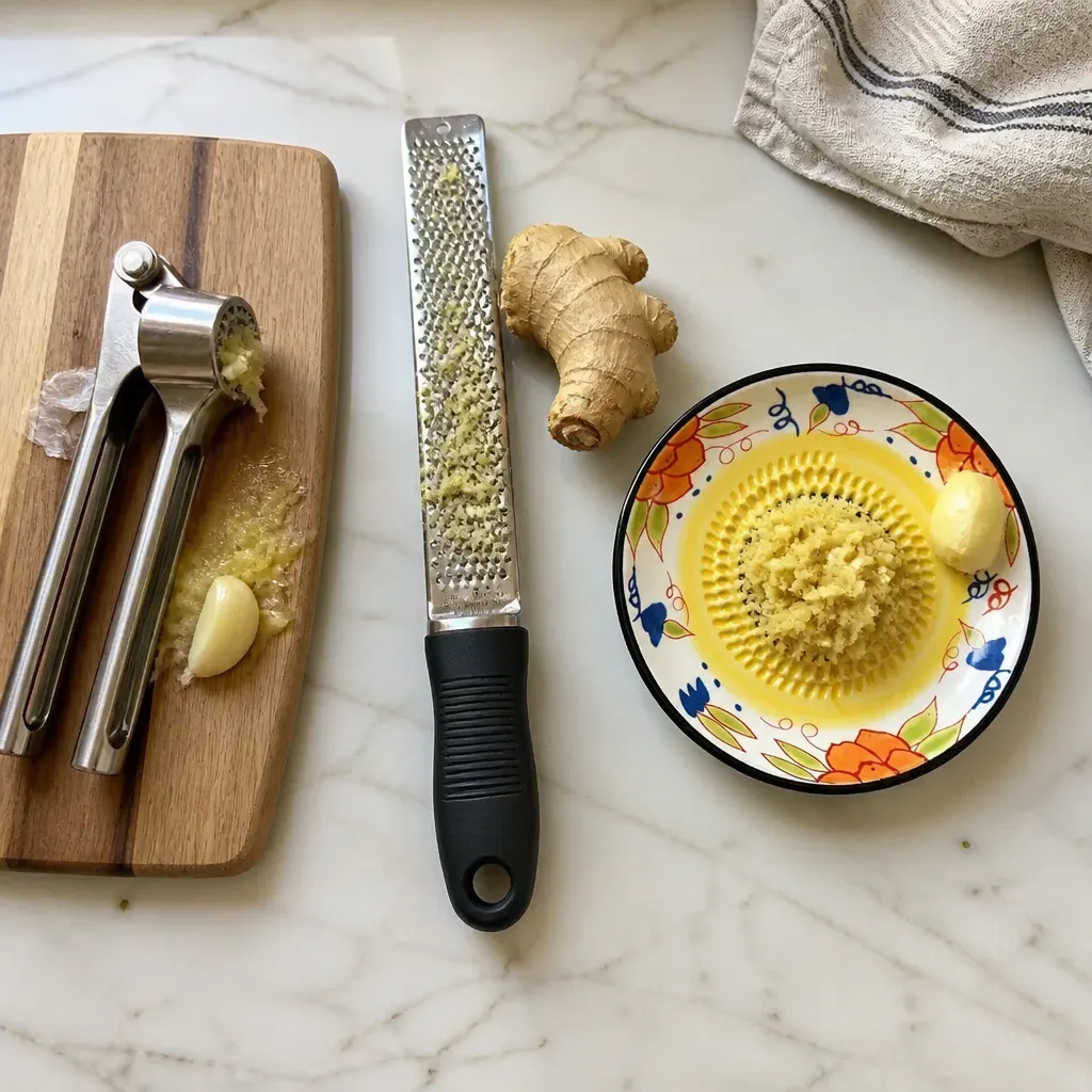 Fine garlic paste mounded in the colorful glazed well of the dish, rinsing clean under the tap