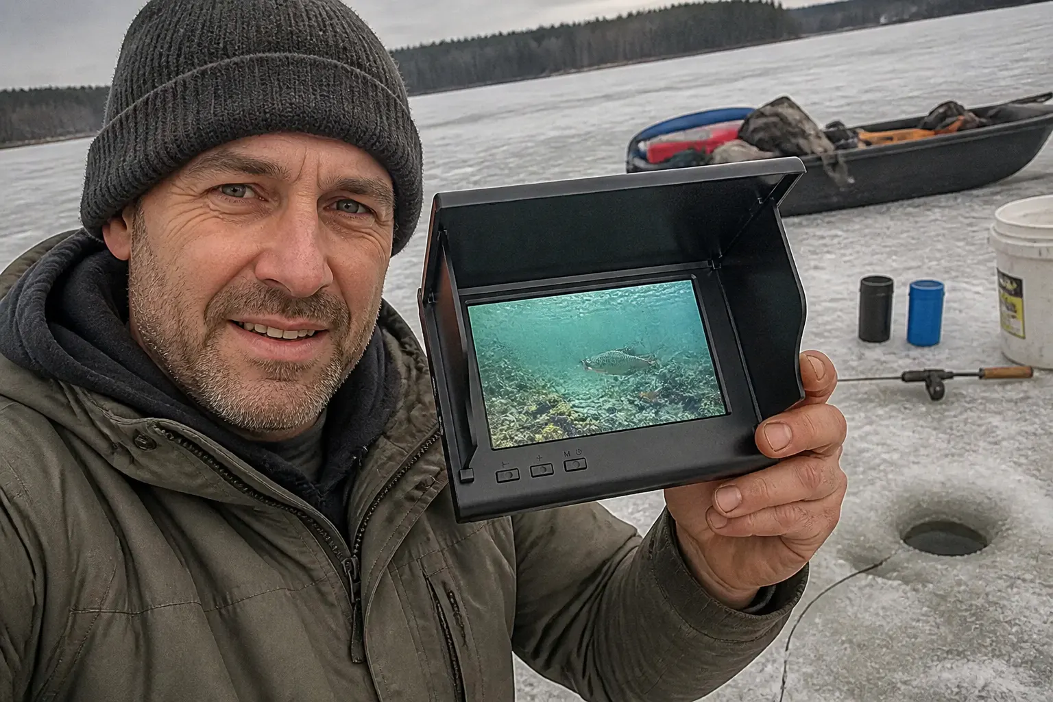 Screen feed showing a fish near the jig
