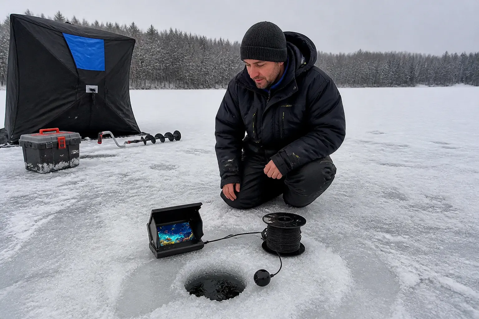Camera setup on the ice next to the monitor