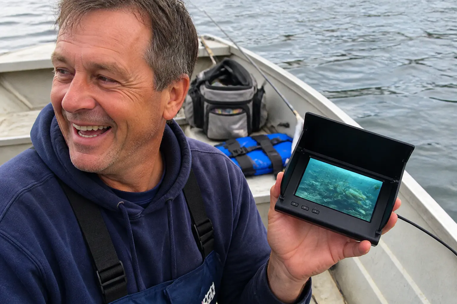 Underwater feed on the monitor showing bottom structure