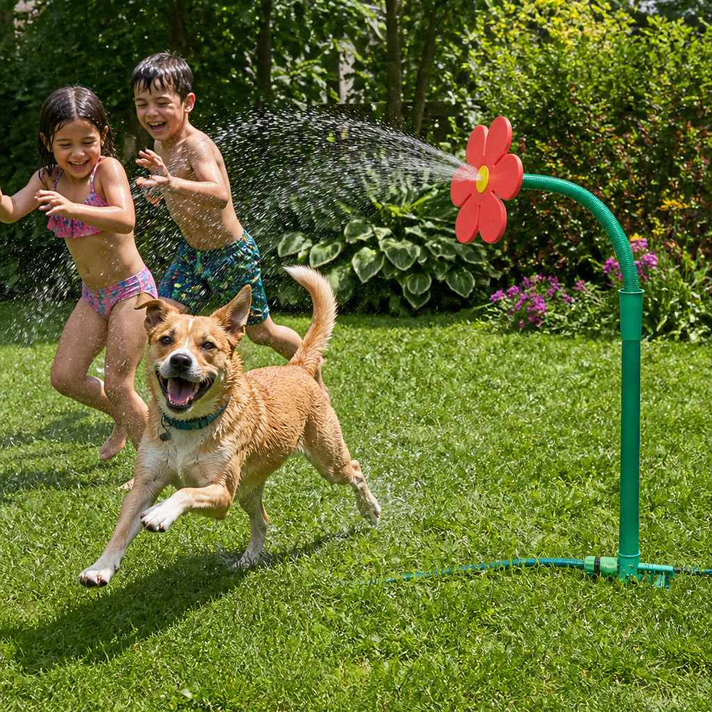 The Venator flower sprinkler dancing while a dog and kids play