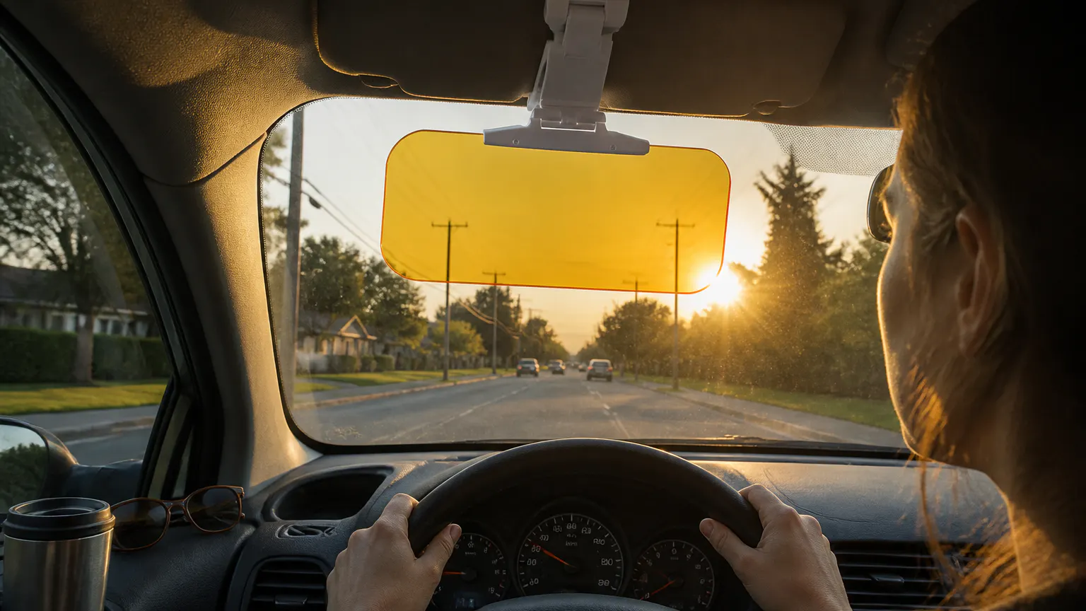 Driver's view through a windshield as low sun glare burns through the factory visor, the Ventra teal polarized panel flipped down