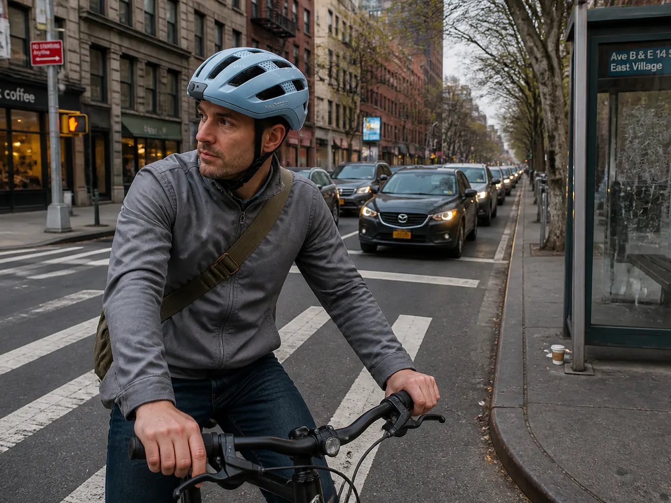 Commuter in helmet riding through city traffic