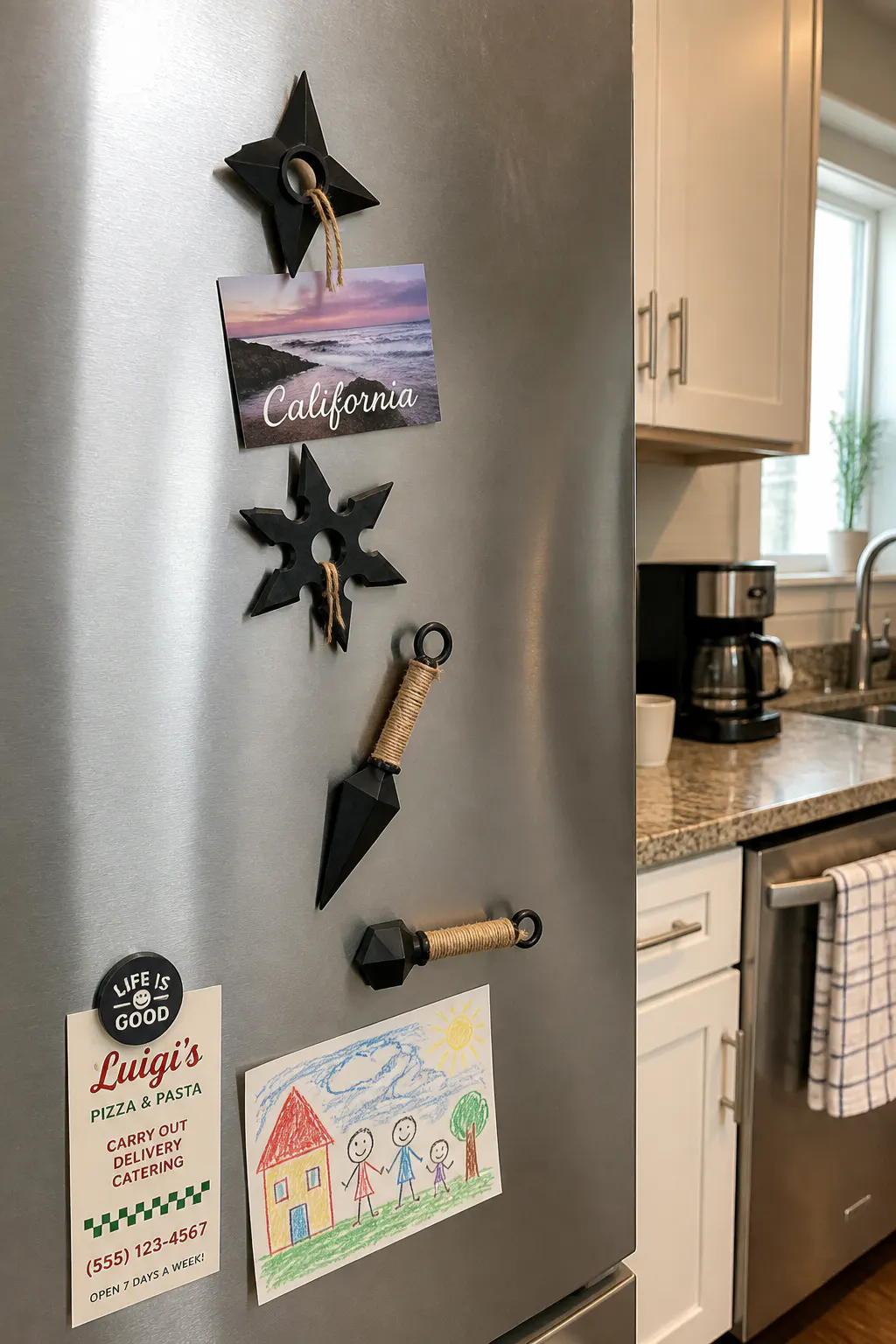 Ninja kunai magnet holding firmly on a steel fridge, pinning a photo