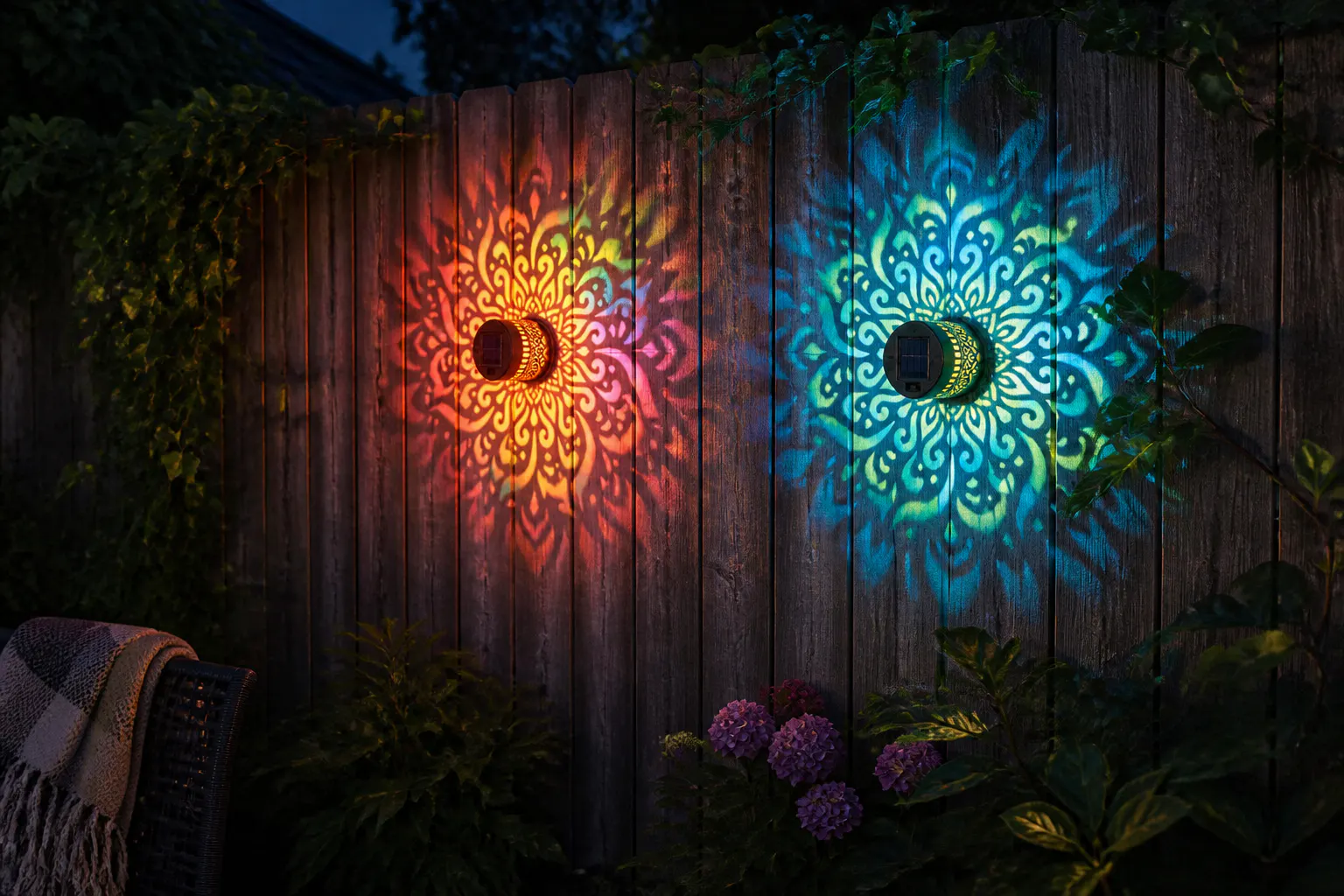 Warm 7-color mandala light projected across a backyard fence at night