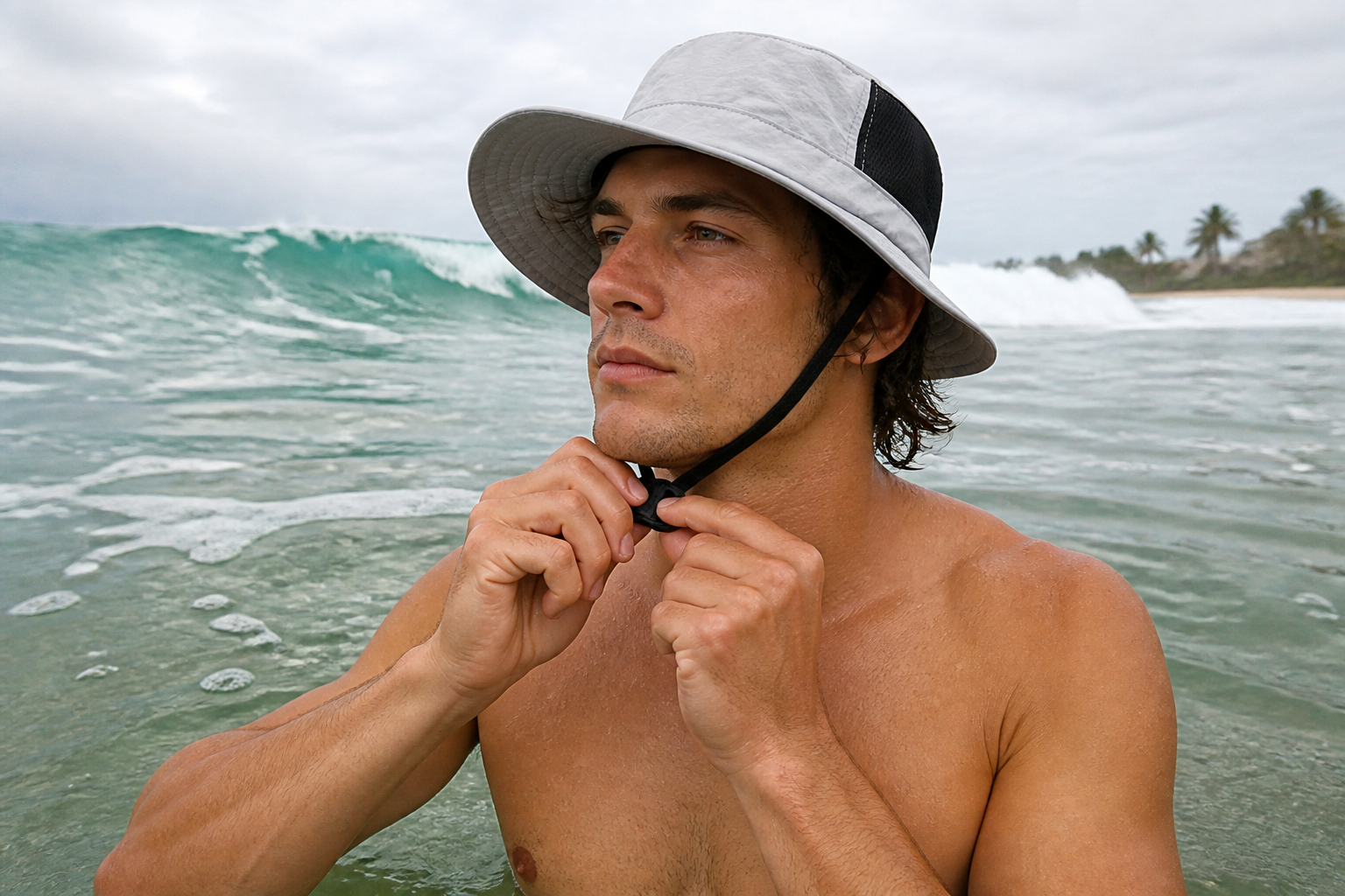 Surfer cinching the chin strap under the jaw