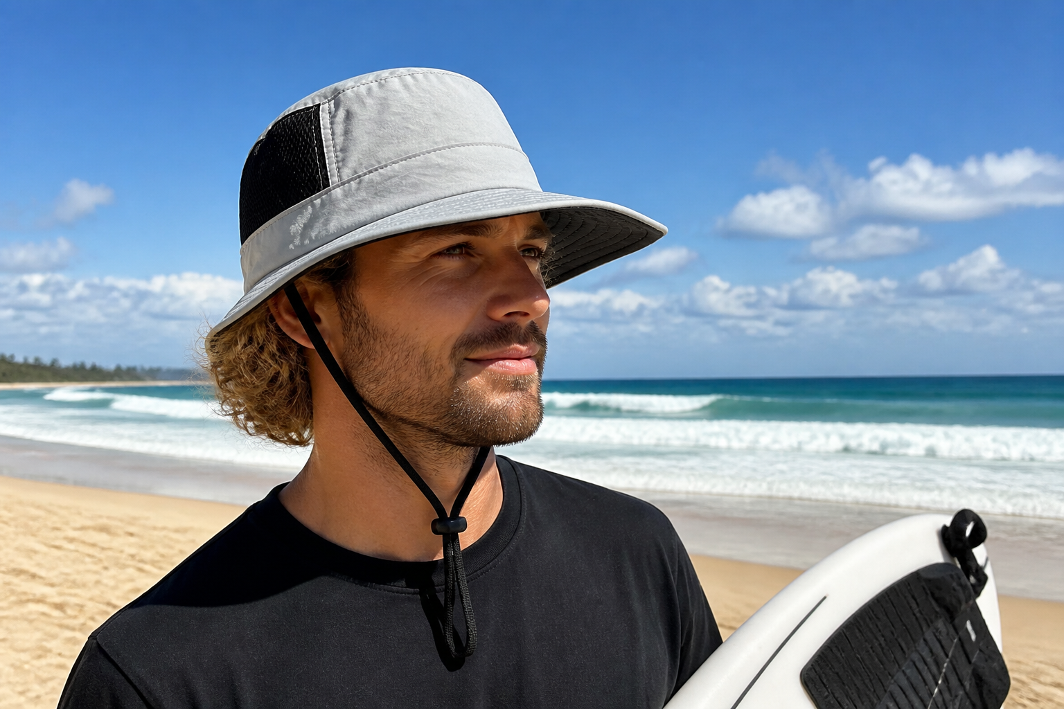 Surfer paddling out with the structured brim holding its shape