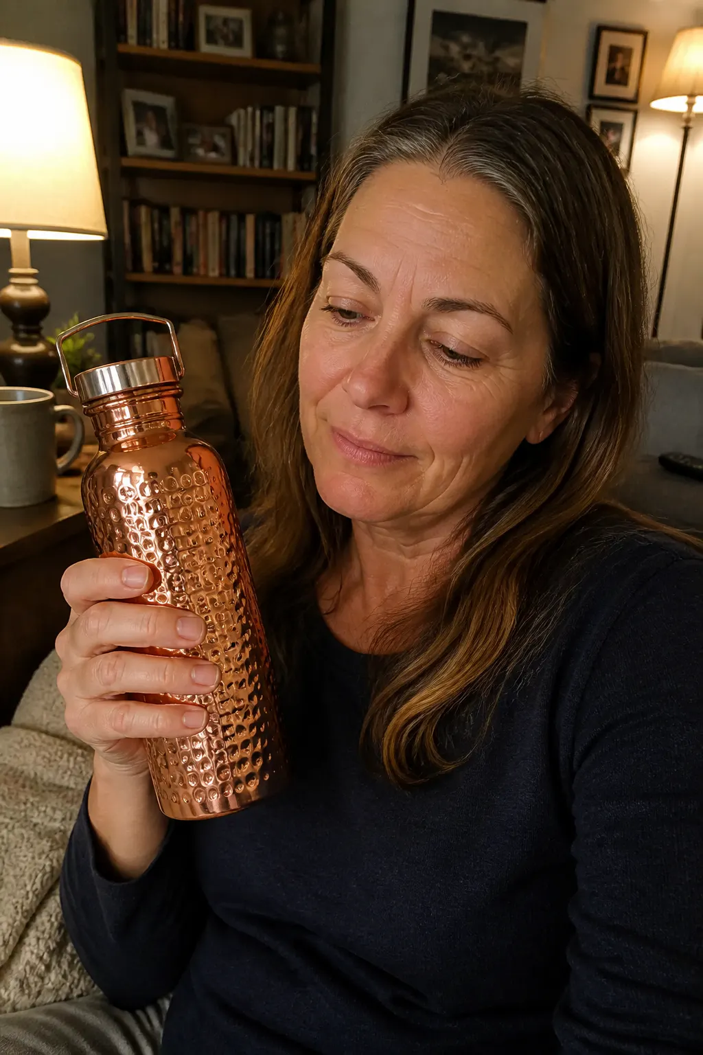 Customer with copper bottle at home