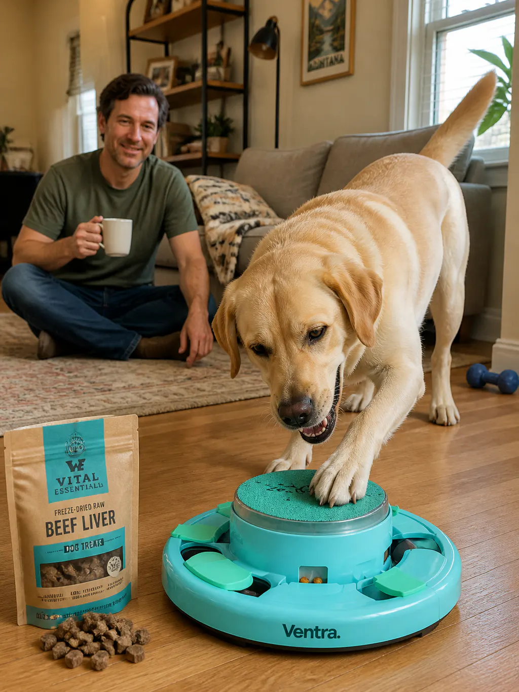 A dog scratching the emery treat board, filing his own front nails at home