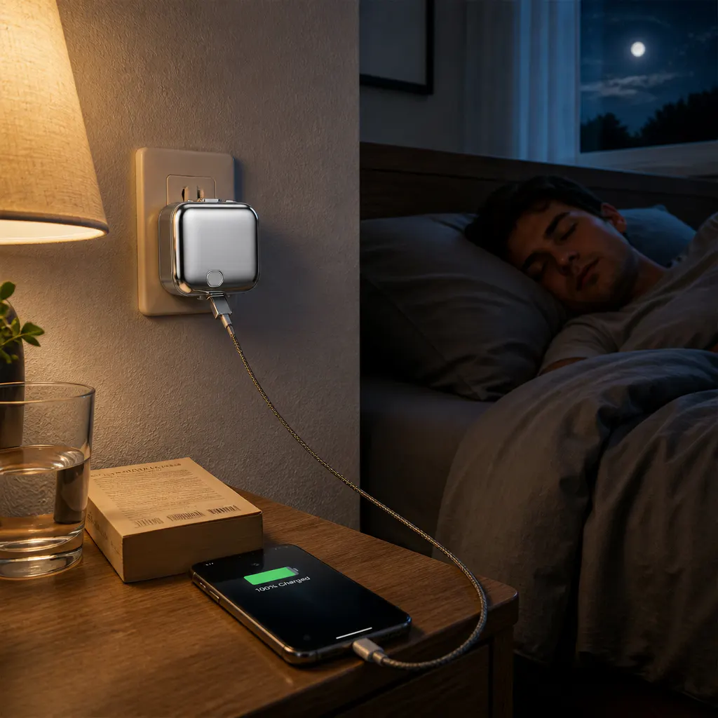 ChargeGuard auto cut-off charging adapter on a nightstand