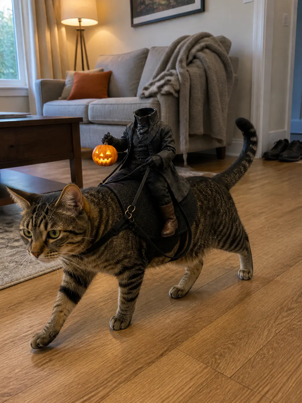 Relaxed cat standing normally with the saddle costume on, ears forward