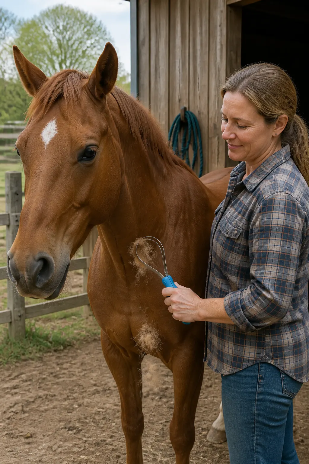 The serrated loop comb drawn down a horse shoulder lifting a visible clump of loose winter hair