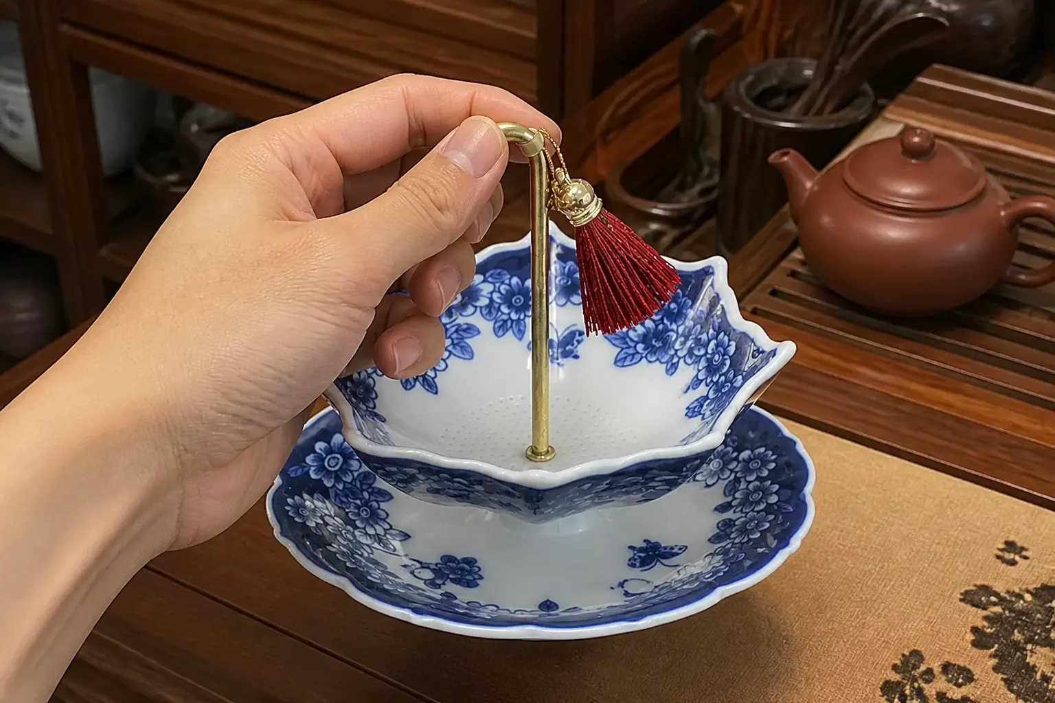 Brass umbrella spoke handle with a red tassel