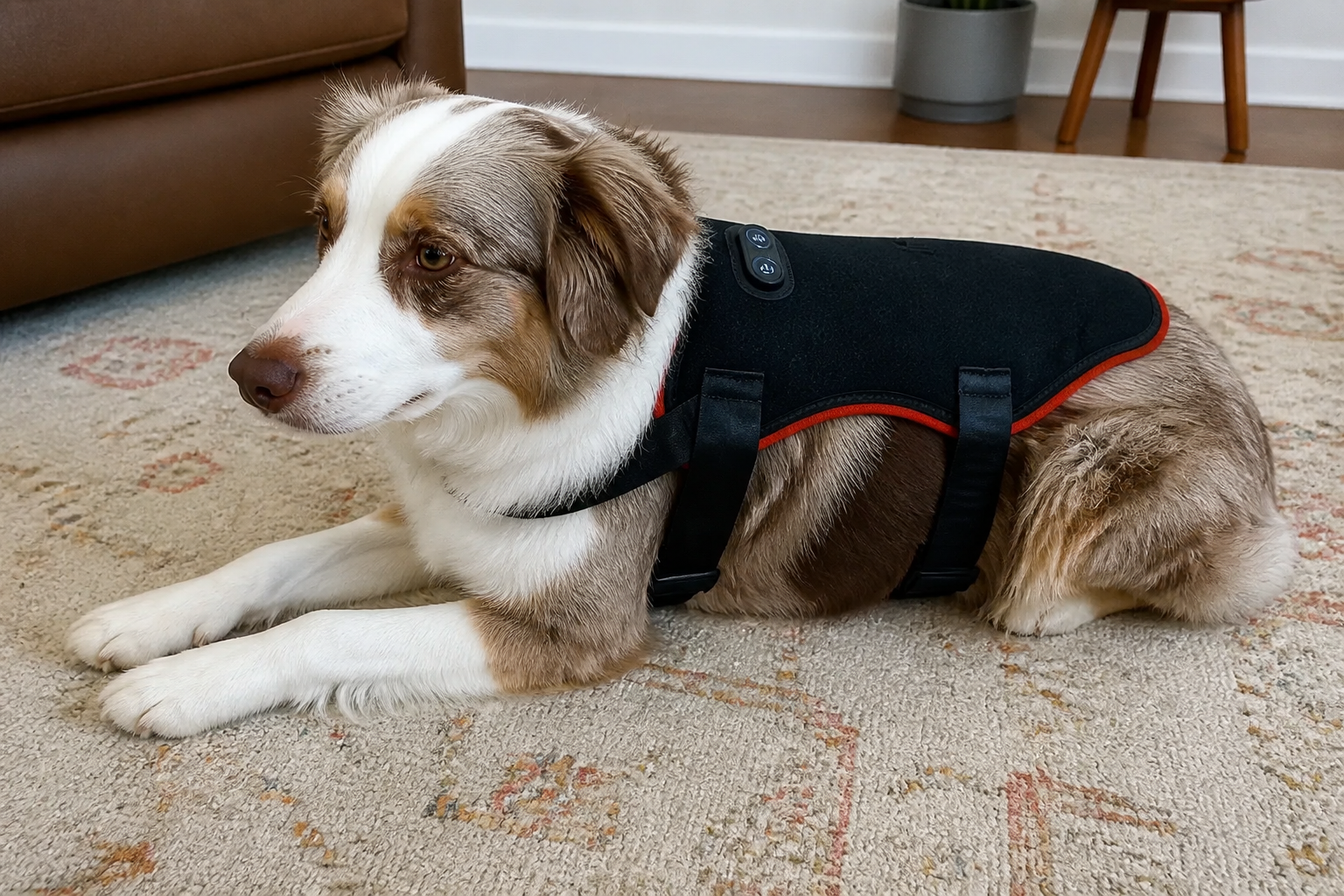 Vest strapped snug on a relaxed dog