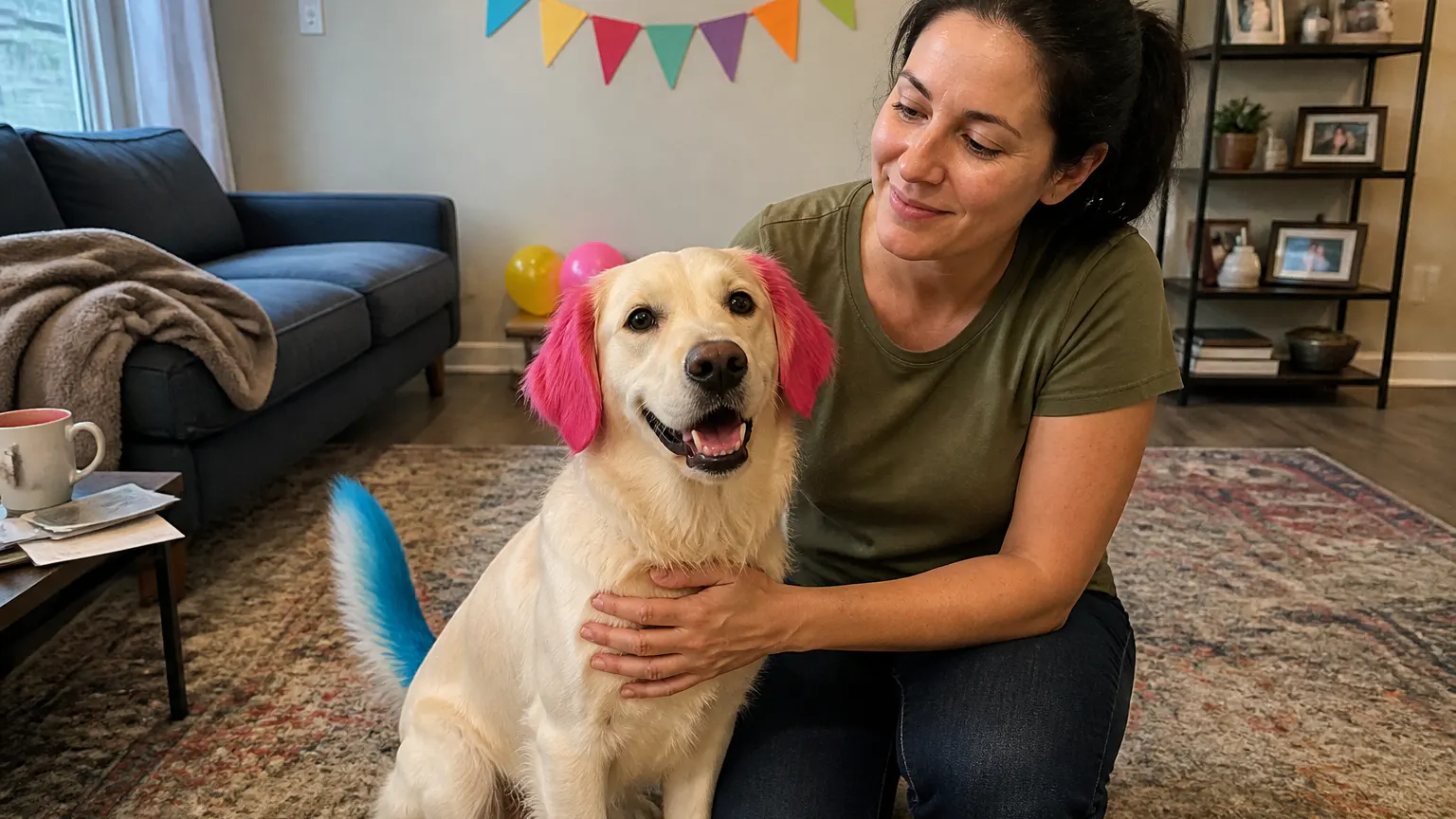 The same dog from the hero, now mid-party with brightly colored paws