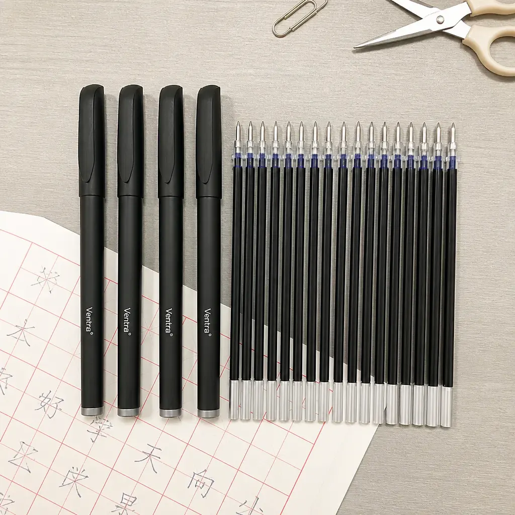 Flat-lay of the disappearing-ink pens and matching refill cartridges, clearly labeled