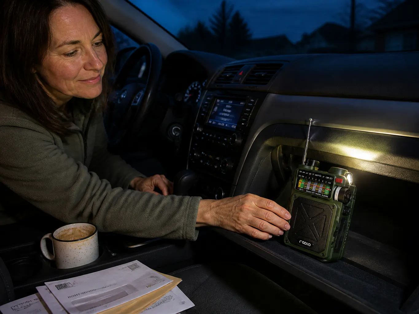 Family in candlelit kitchen with radio lit