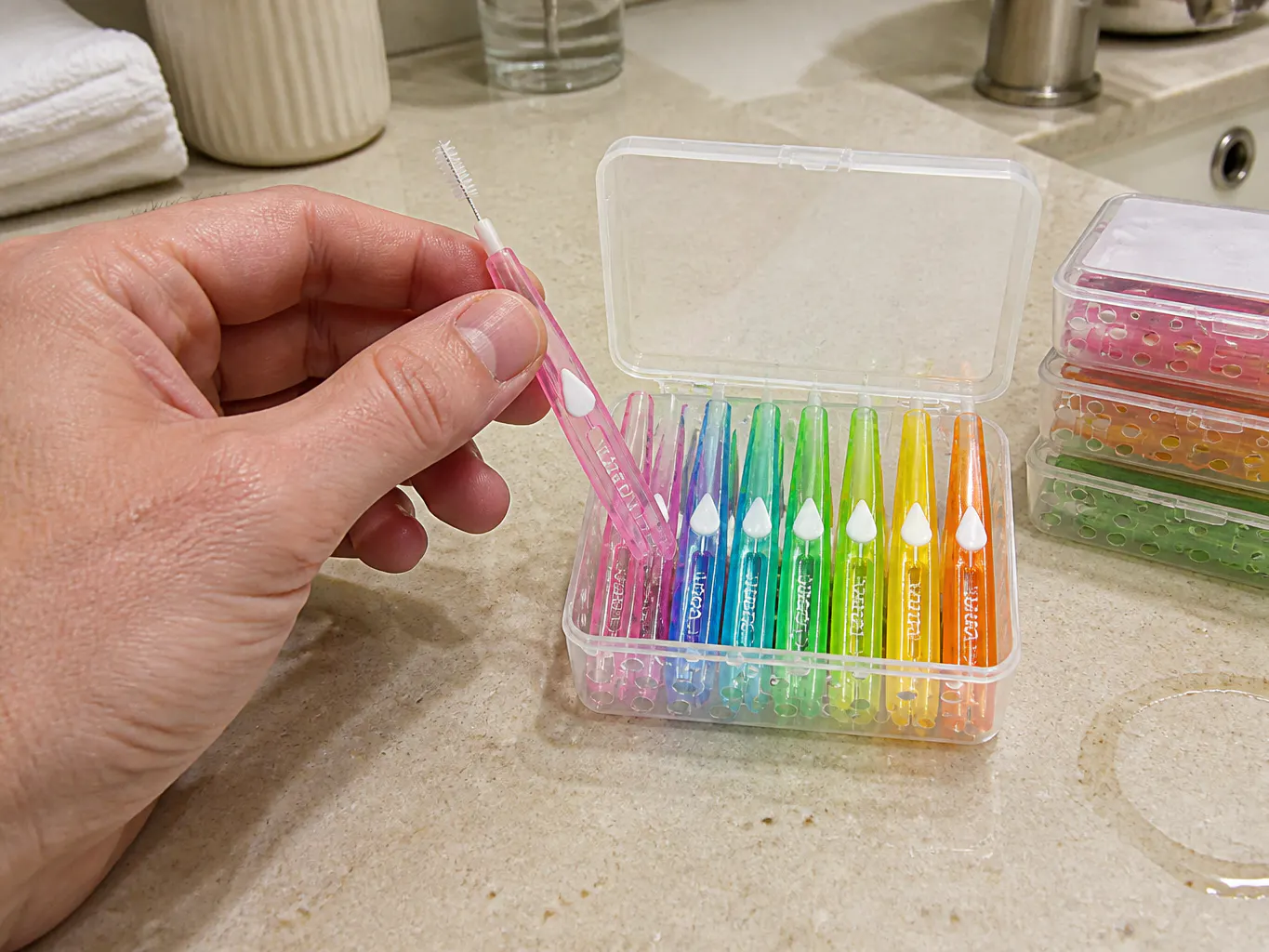 Interdental brush wire bent to reach back teeth and braces