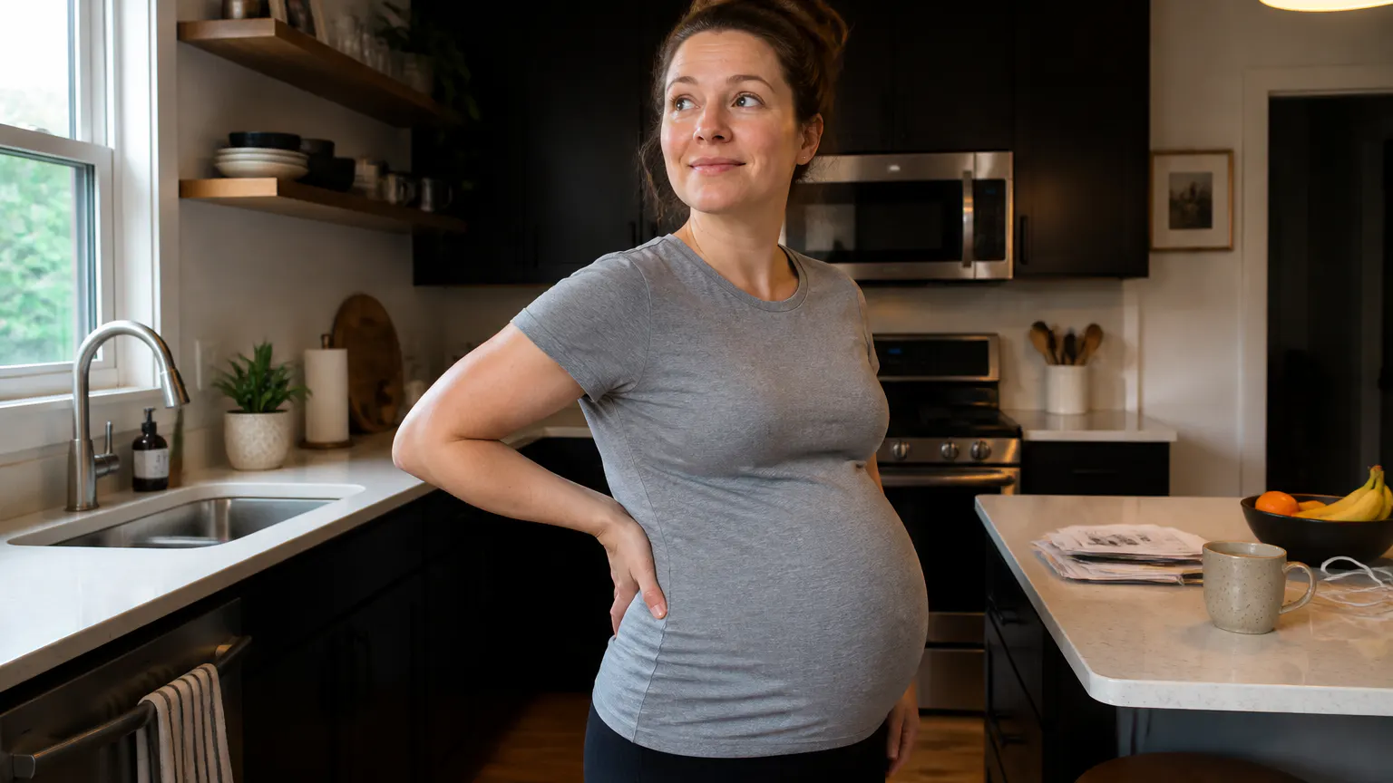 Pregnant woman comfortable and mobile wearing the support belt