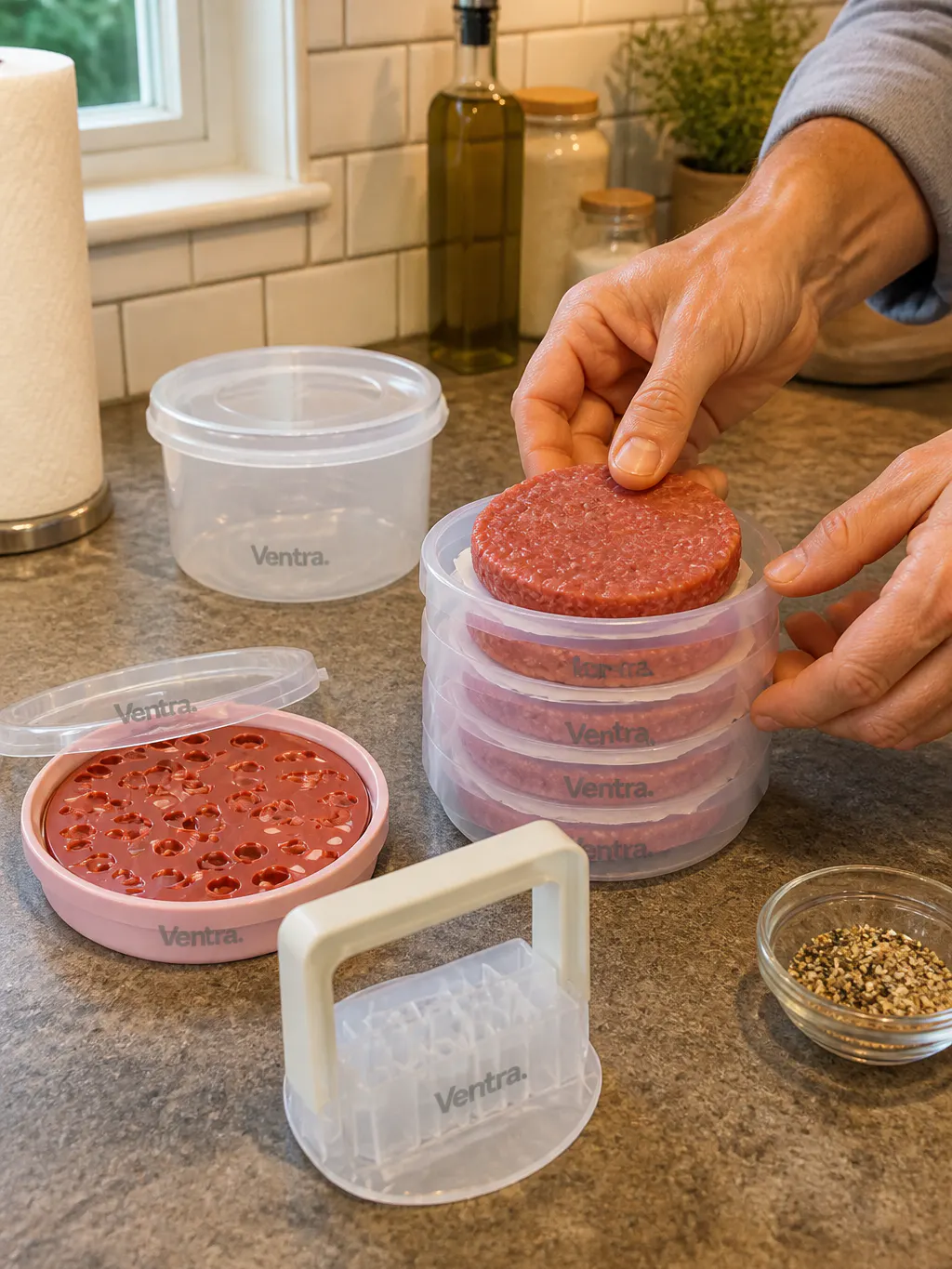 Stack of identical pressed burger patties layered with separator discs beside the PattyPress base
