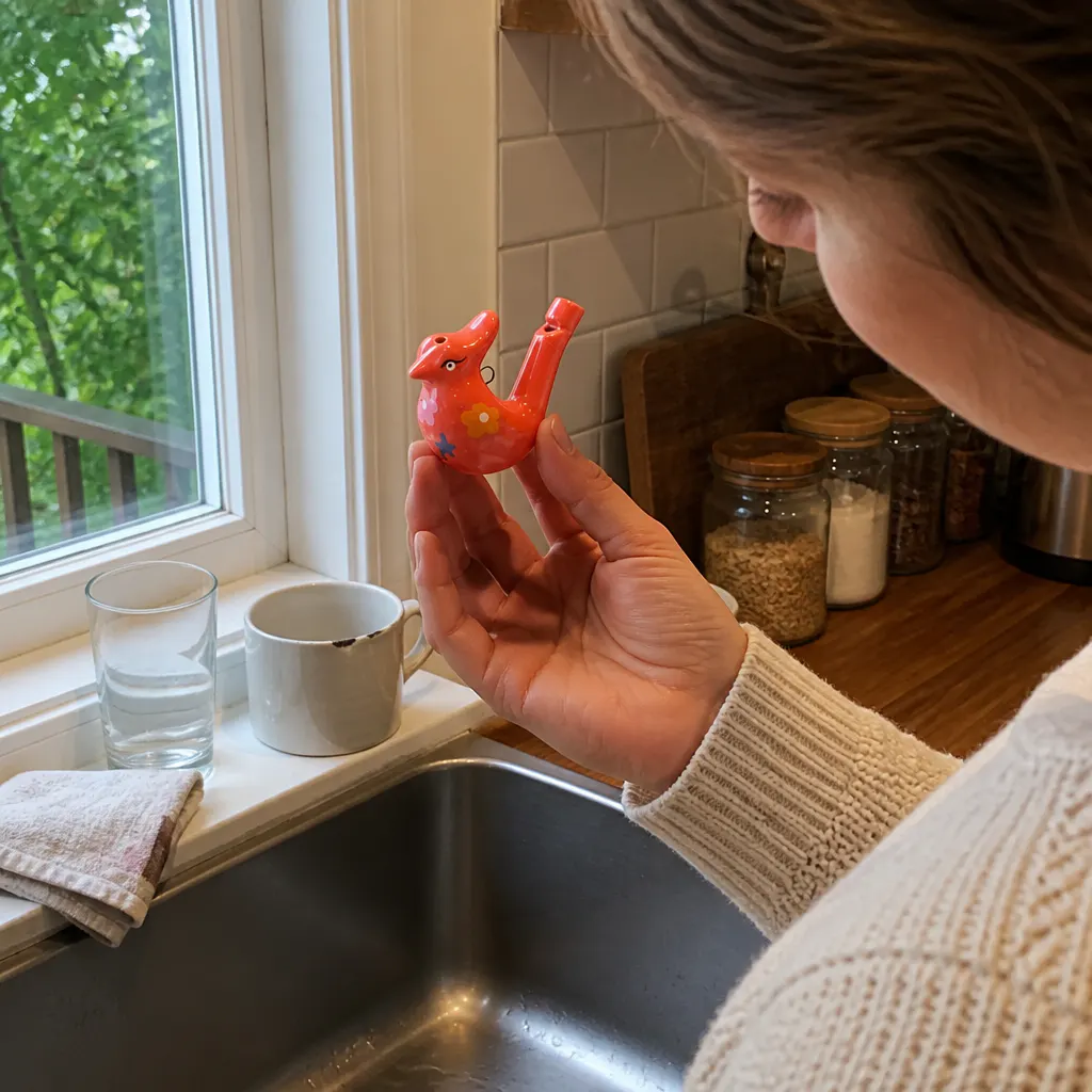 A hand cradling the glazed ceramic bird whistle at a sunlit kitchen window