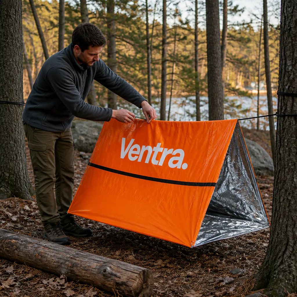 Draping the tube tent over the taut cord into an A-frame