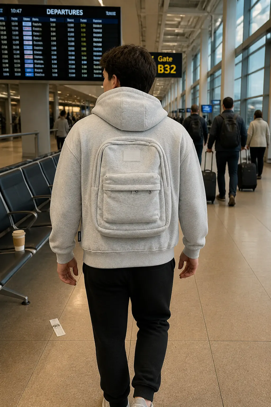 Traveler putting on the loaded NomadHood hoodie at an airport terminal