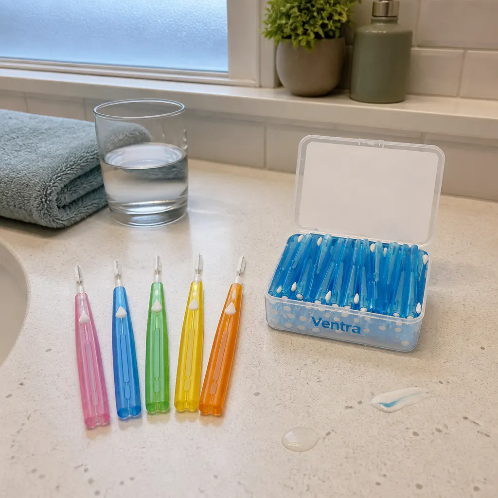 Color-coded interdental brushes fanned across every size
