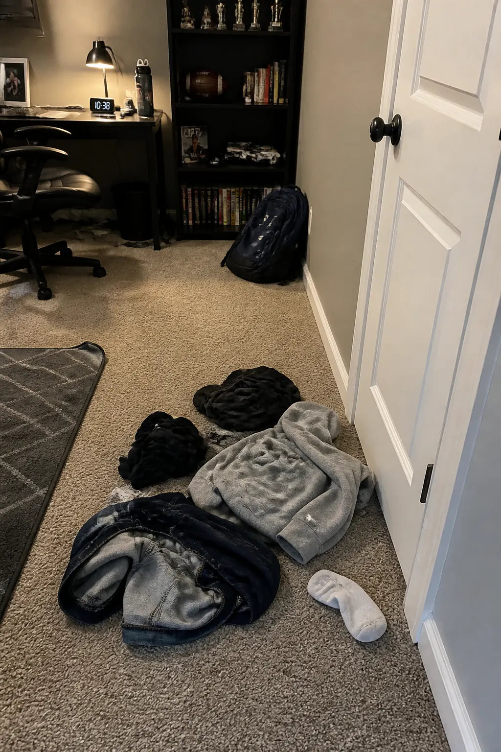 A kid's bedroom floor covered in scattered dirty clothes