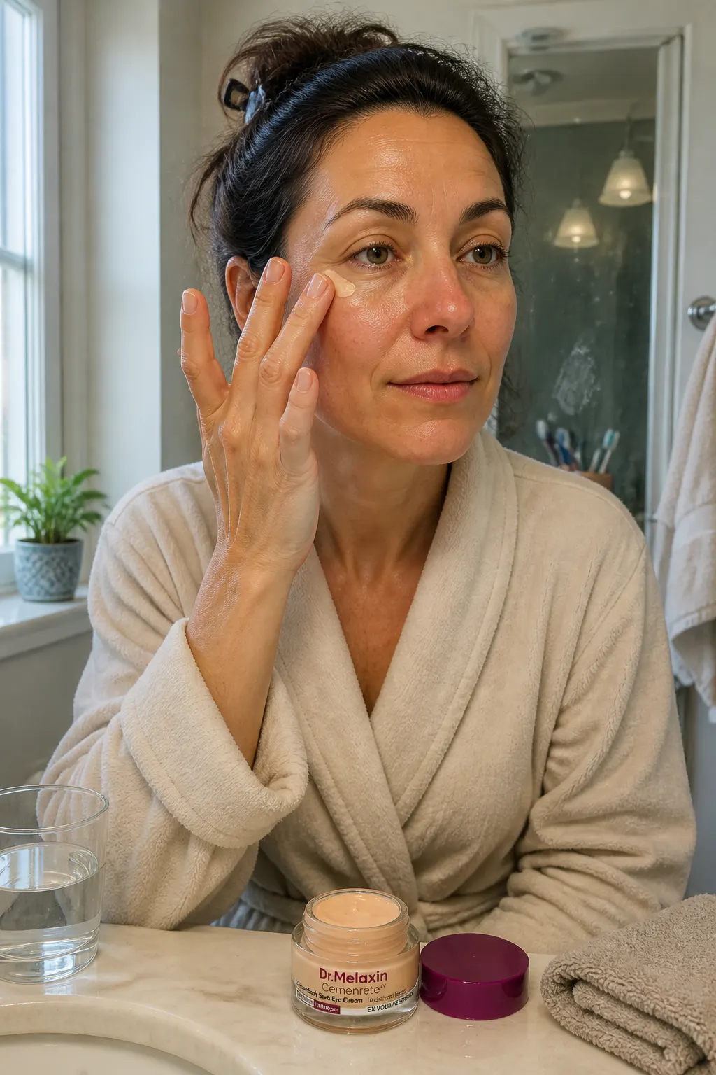 Peach eye cream on a fingertip, one under-eye brightened