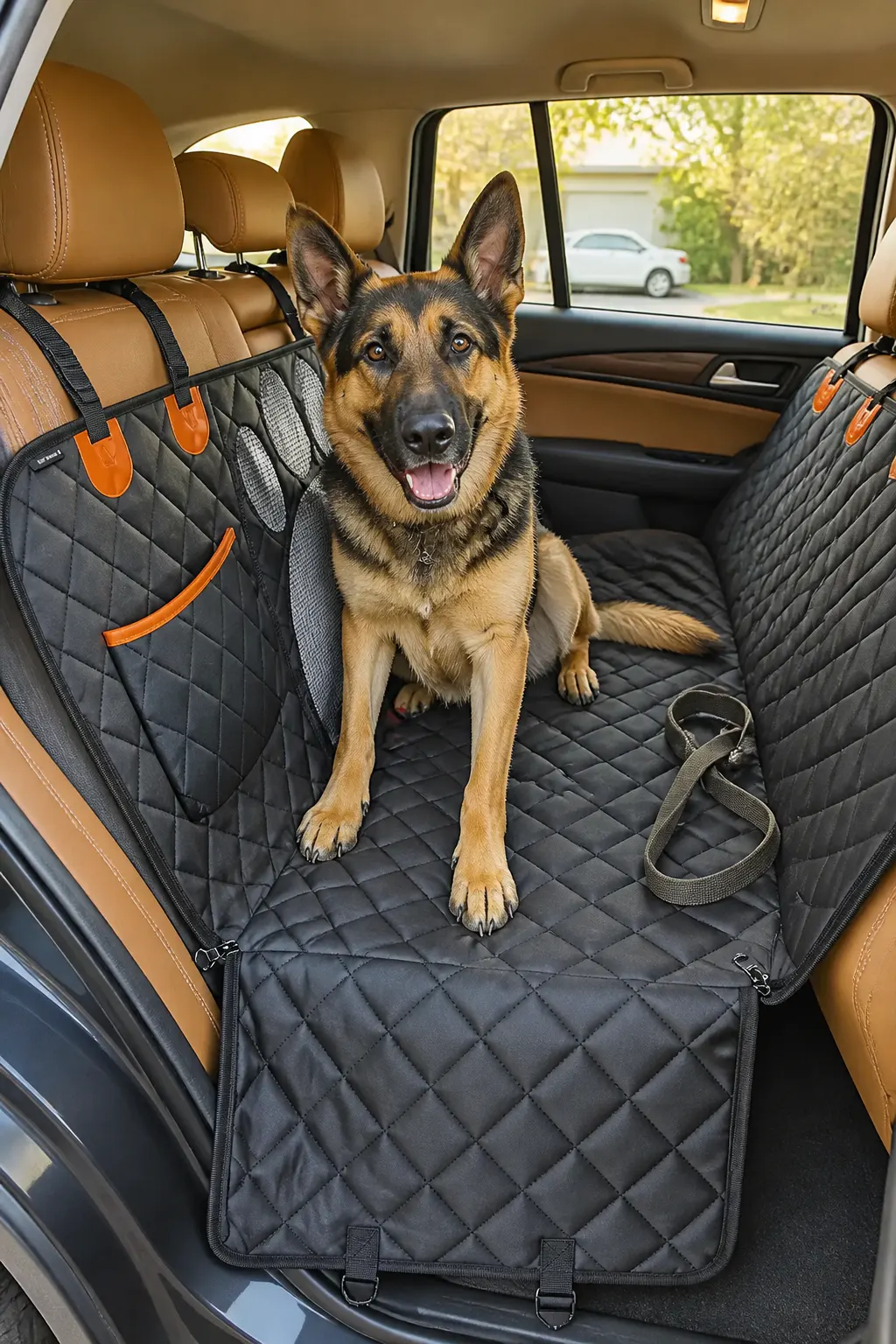 Waterproof hammock cover anchored across an SUV back seat with a calm large dog resting on it