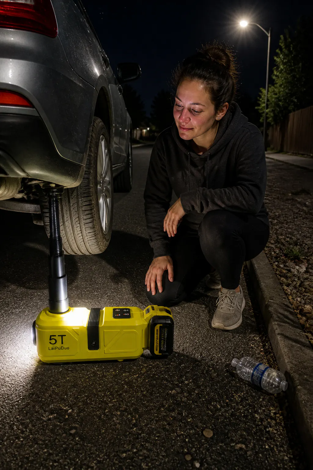 A less-confident driver easily lifting a car with one button at night