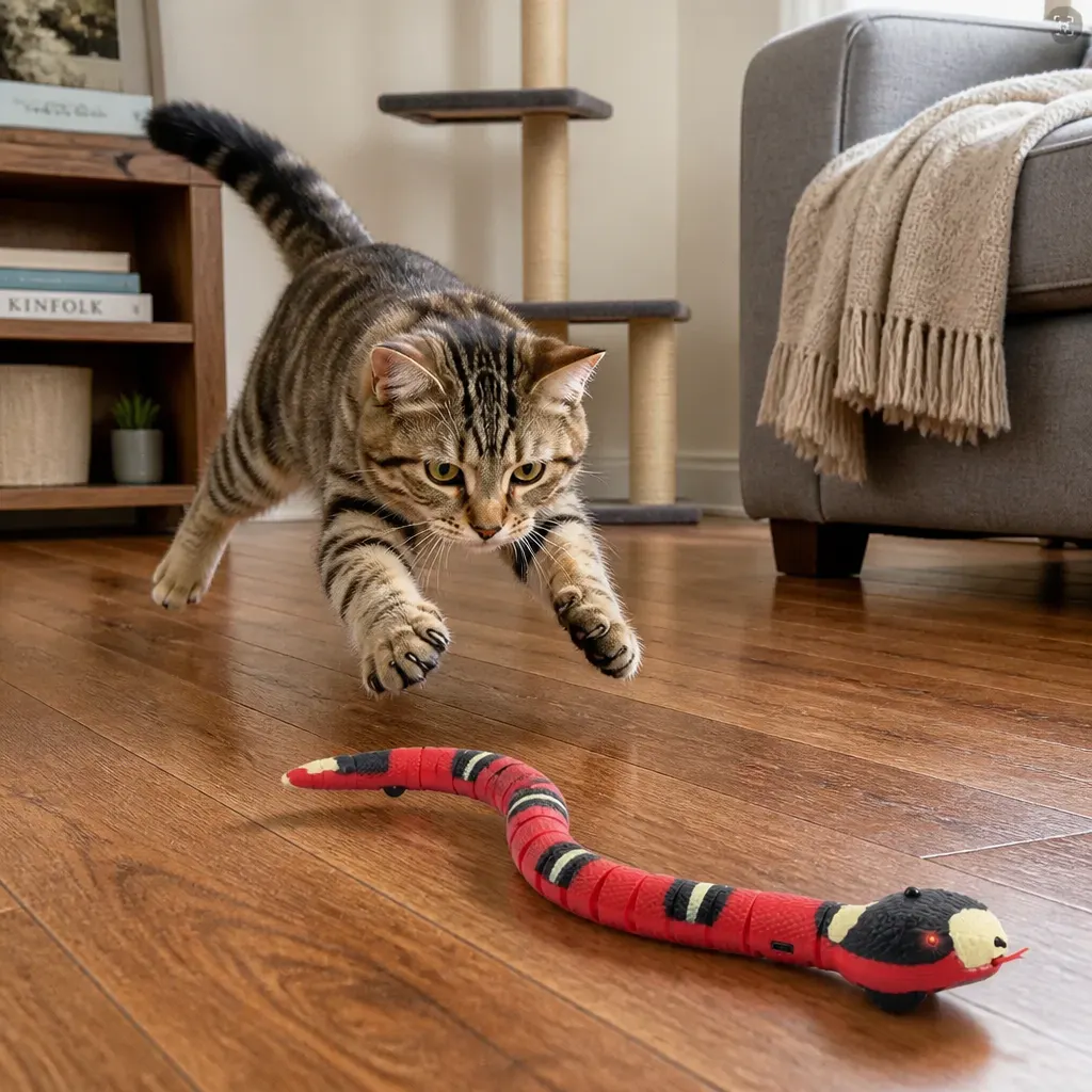 Cat launching after the Ventra slithering snake toy on a hard wood floor