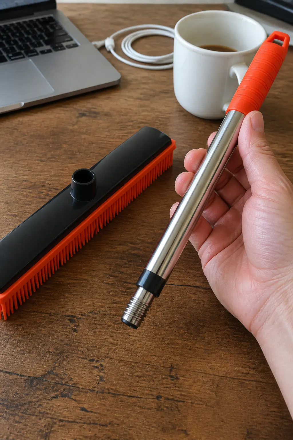 Close-up of the Ventra stainless-steel handle and wide rubber head