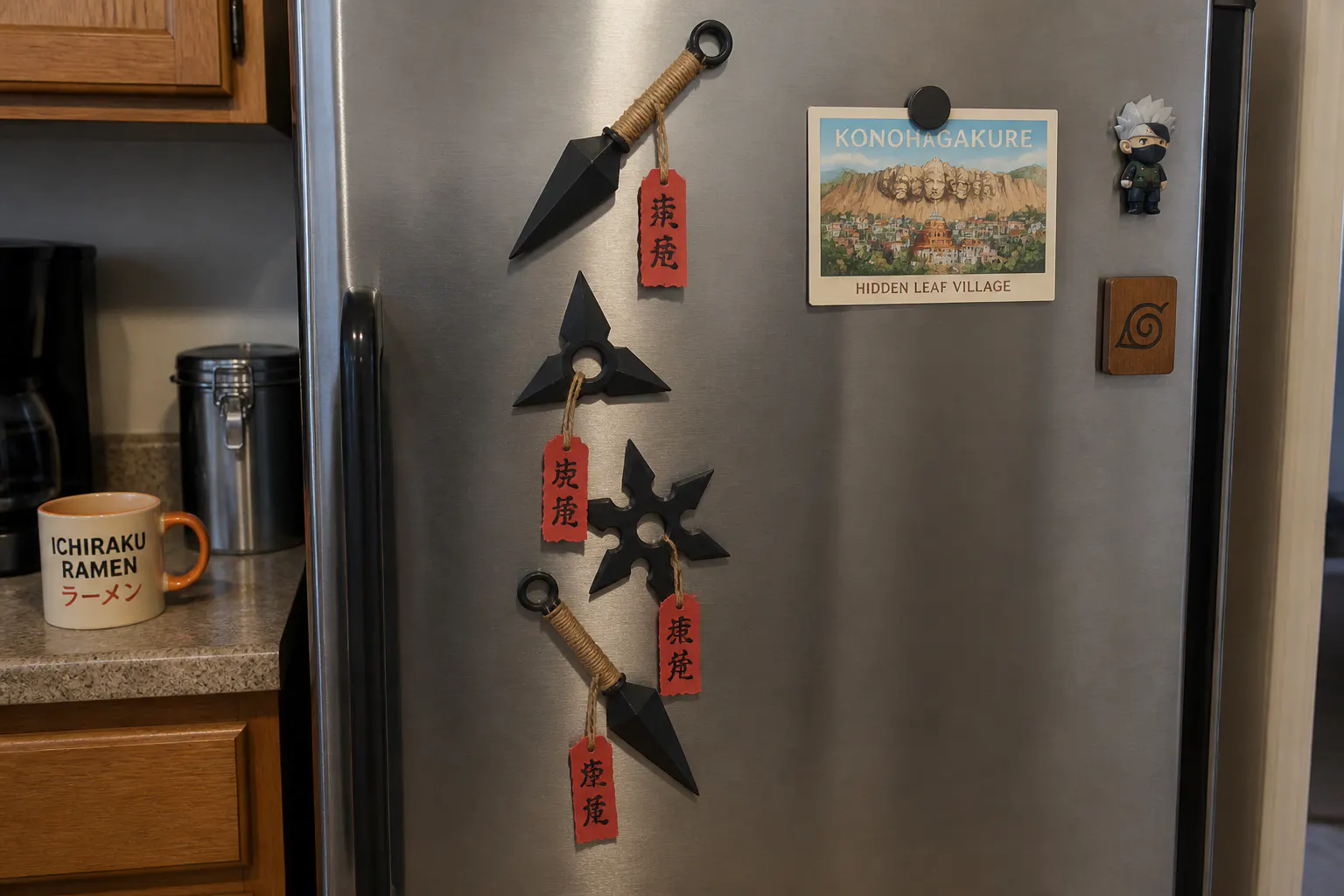 The full ninja arsenal on a steel fridge in a dark room