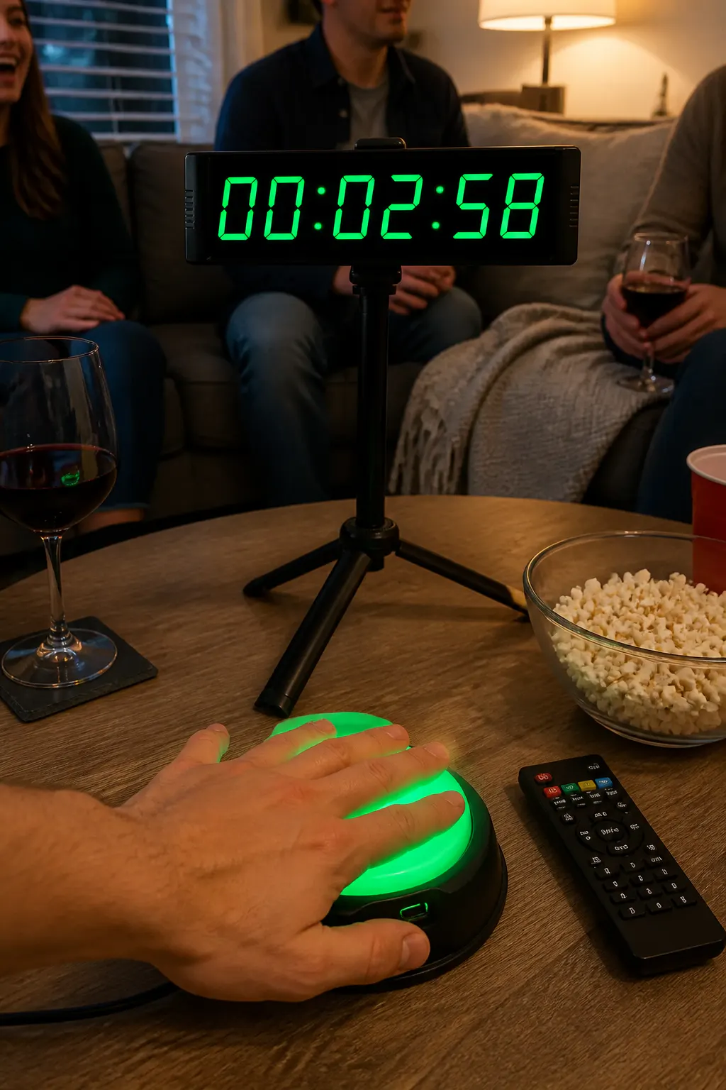 Macro detail of the light-up arcade button and telescoping stand