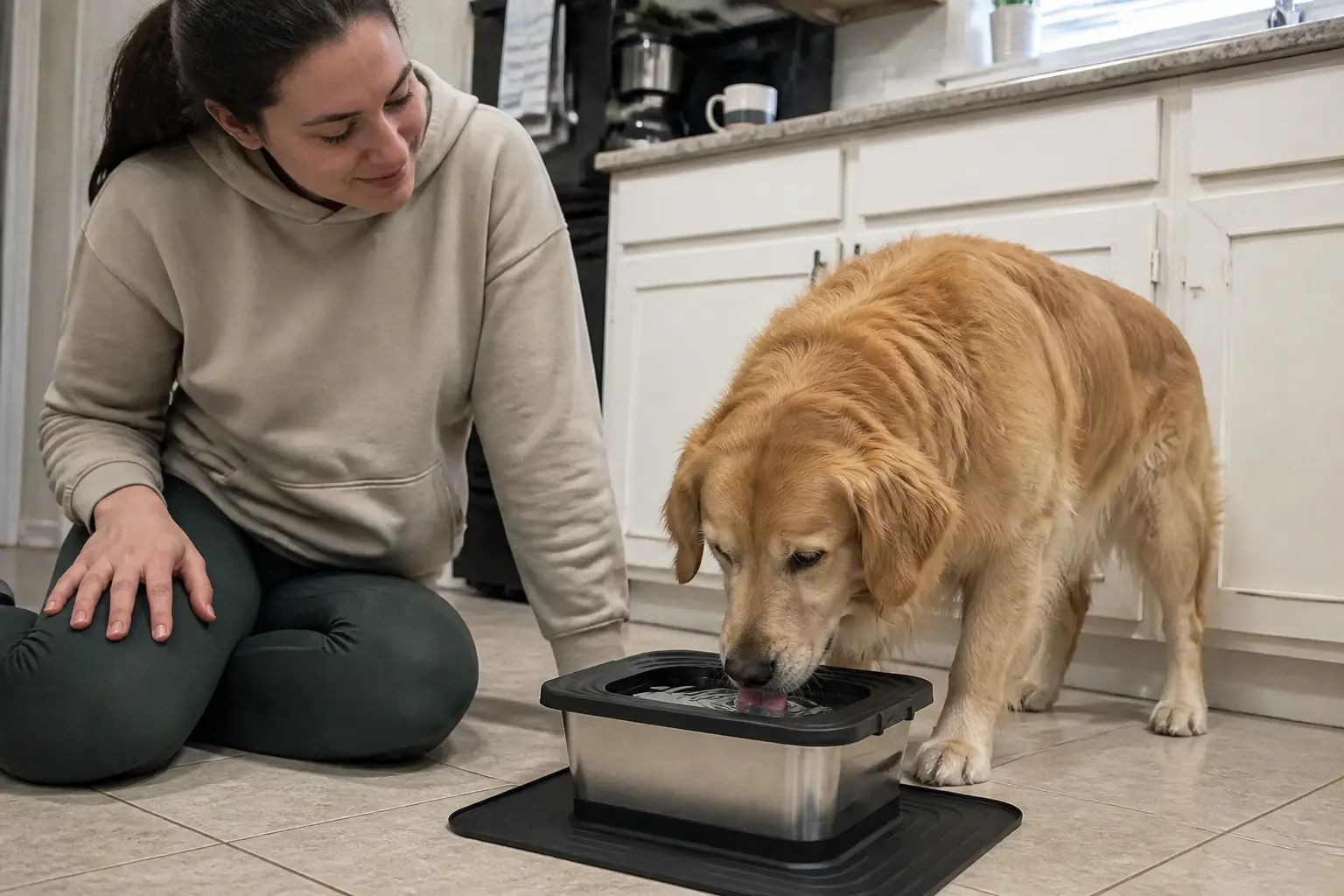 Steel bowl on its mat, clean water, dry kitchen floor