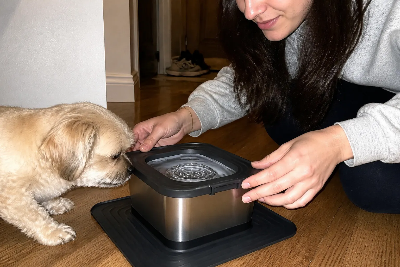 Lab puppy drinking from the bowl