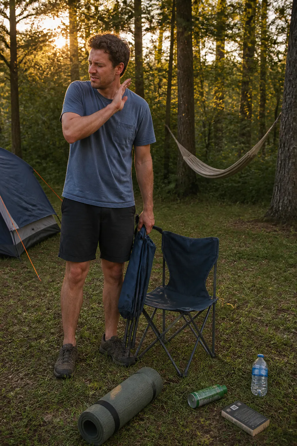 Campsite at dusk with bugs and unused gear