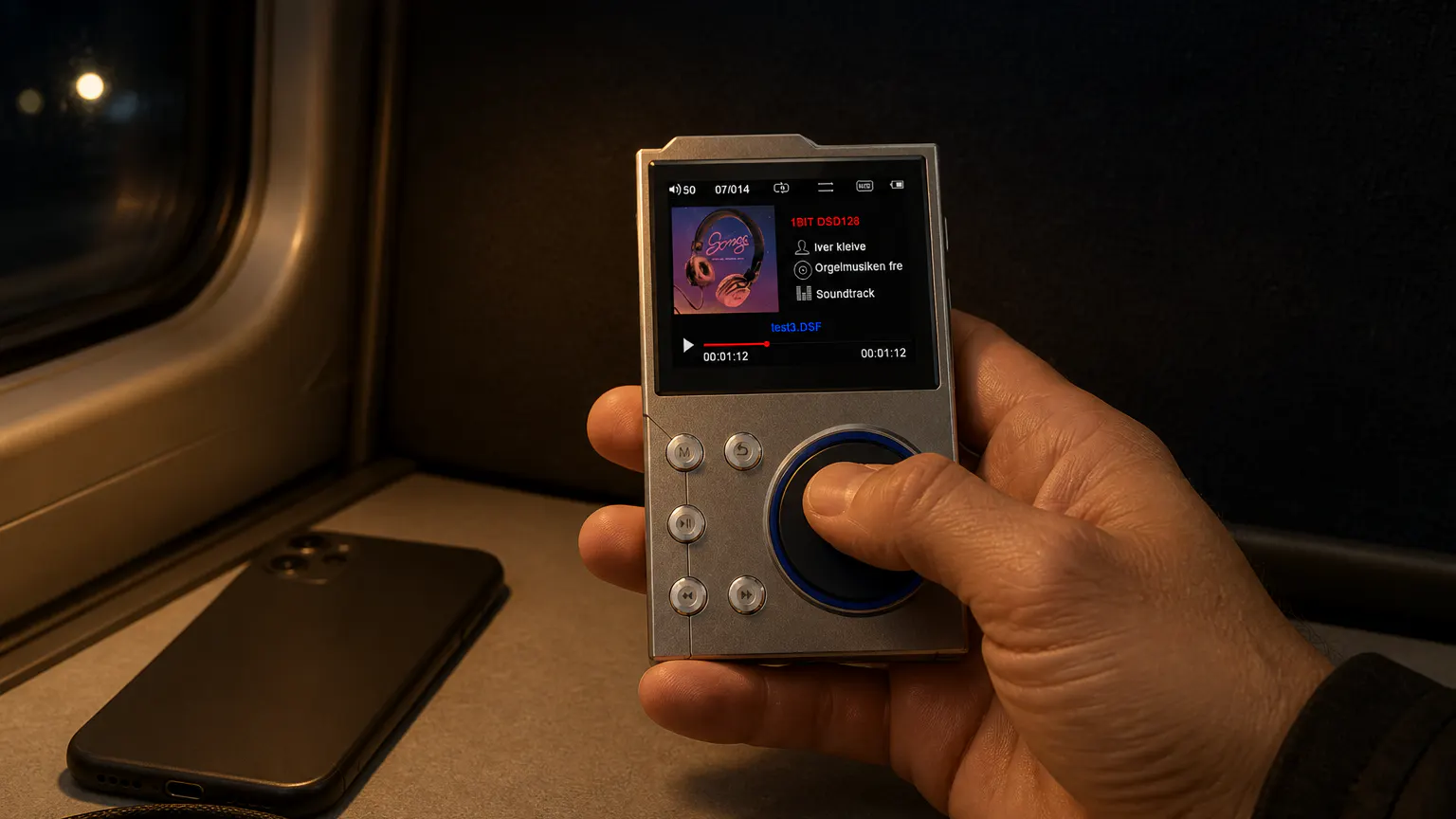 Adult holding the PocketTunes player with the scroll wheel, smartphone face-down beside them