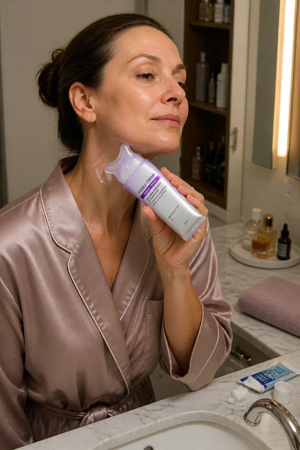 Retinol and collagen cream applied to the neck