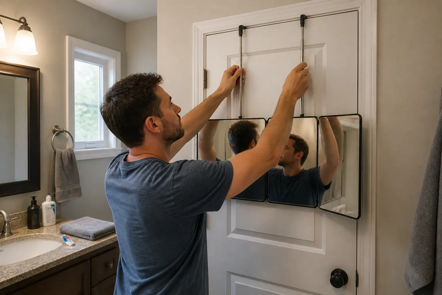 Hanging the trifold mirror over a standard door with telescoping rods