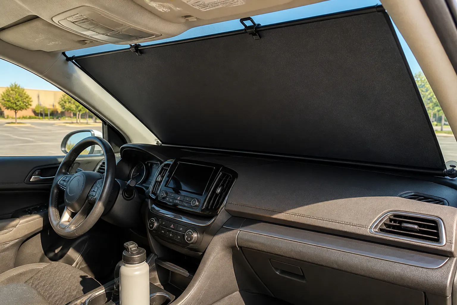 Ventra sunshade mounted and holding on a windshield in a hot parked car
