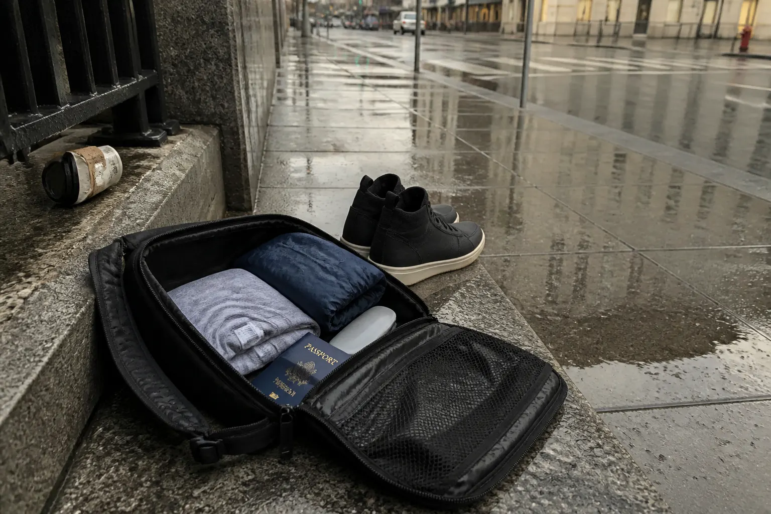 Ventra covers folded flat next to a phone in a packing cube, ready for a rainy travel day