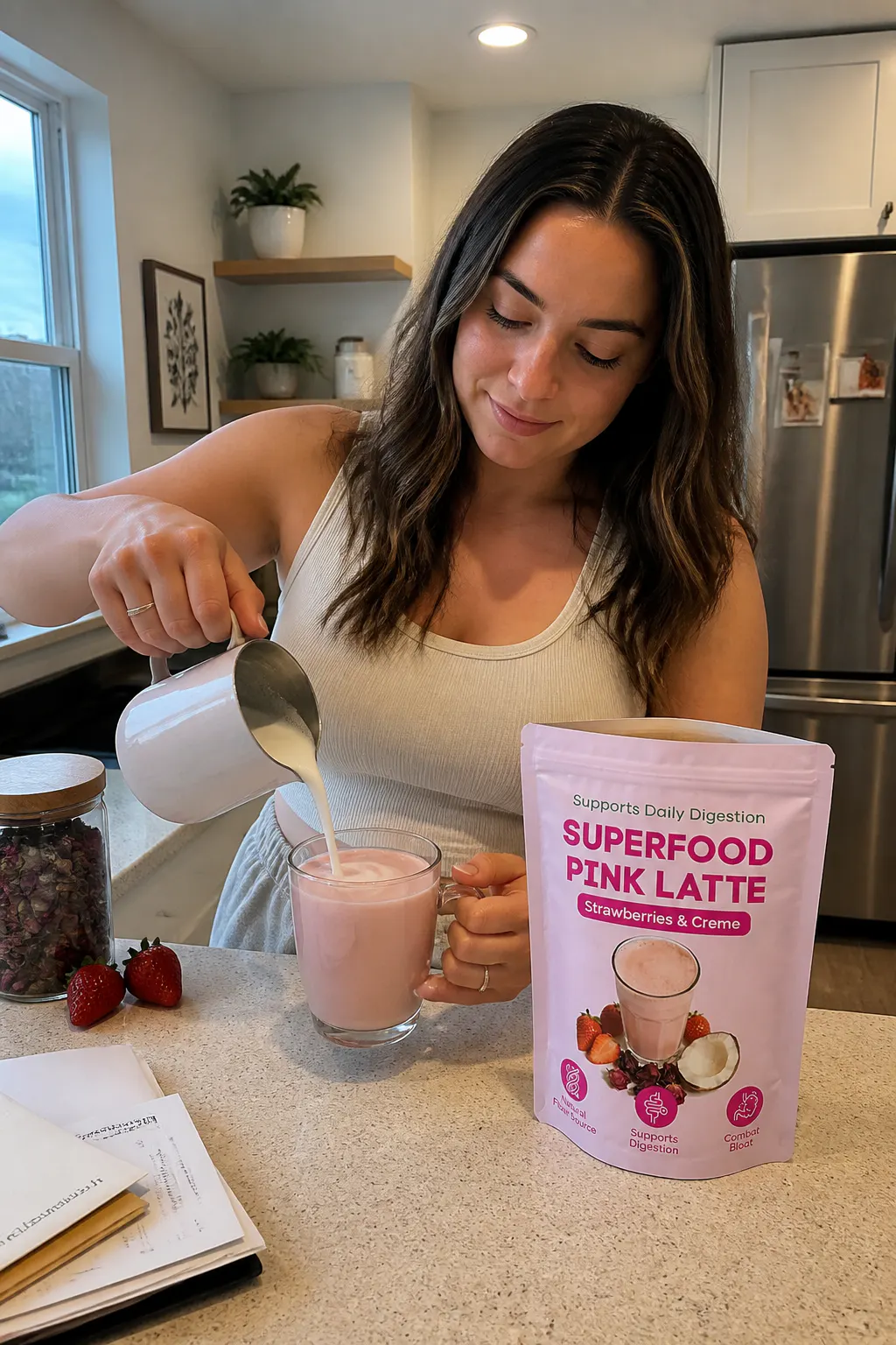 Pink latte being stirred smooth in a mug