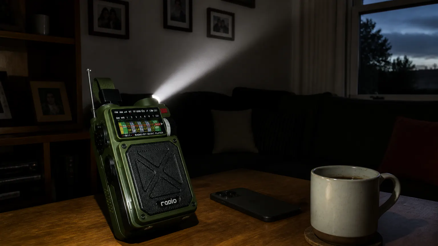 Emergency radio lit during a blackout