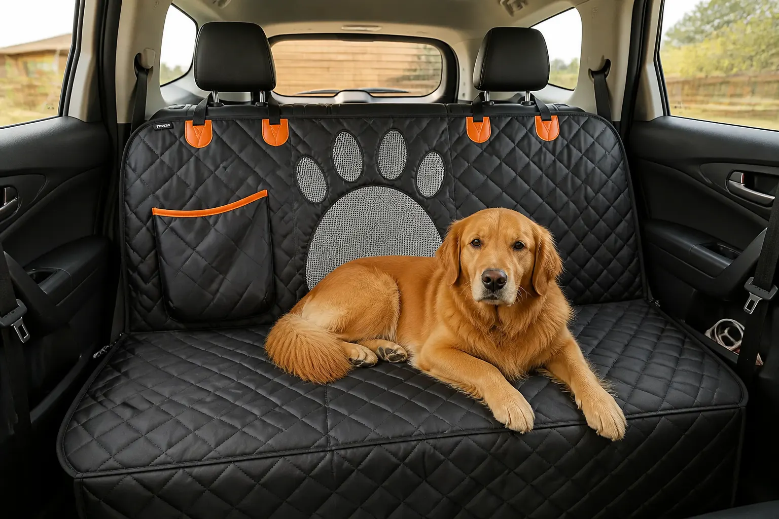 The cover installed and fitted in a large SUV back seat with a dog on it