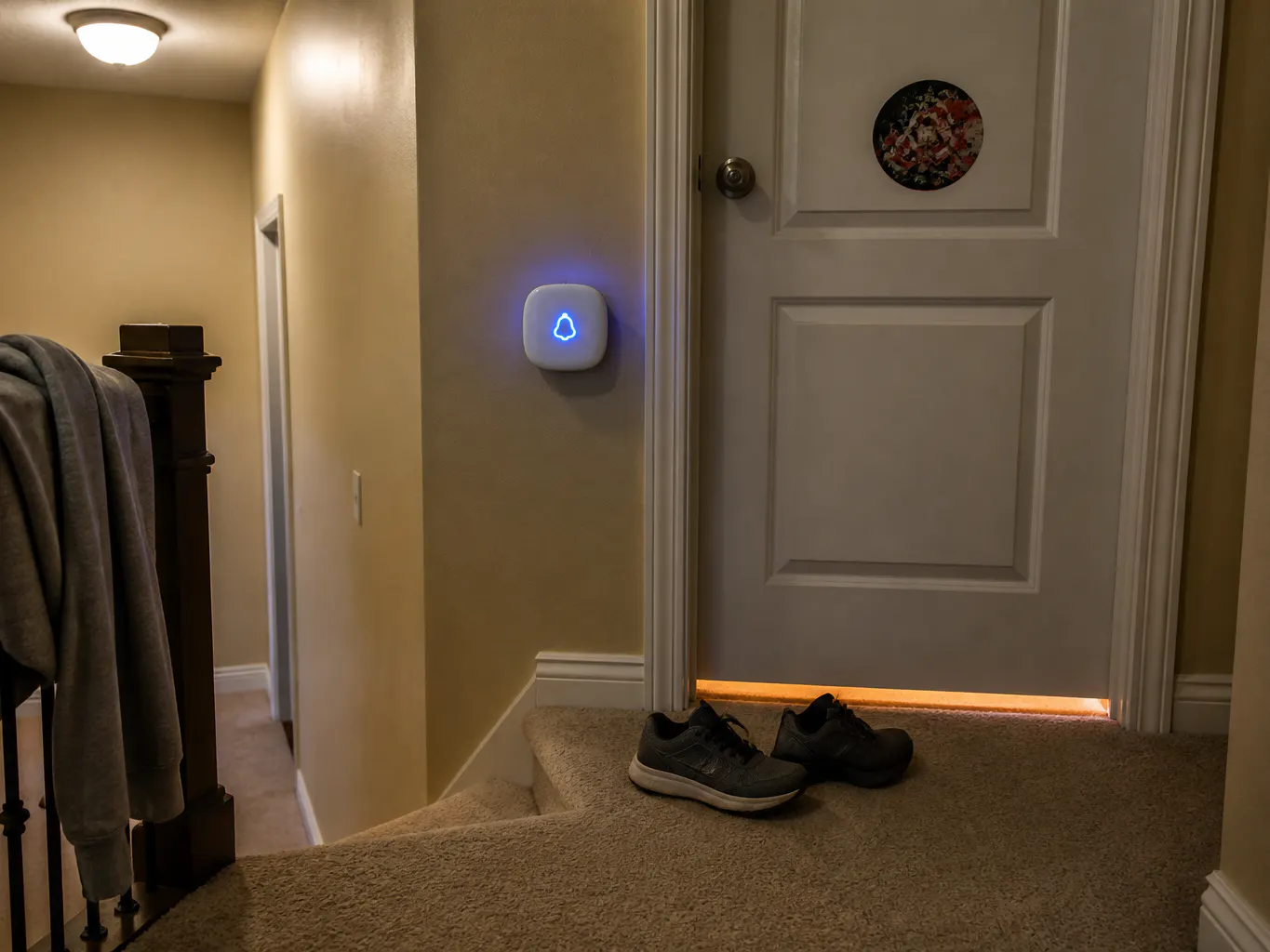 The chime lit up on an upstairs landing with a closed bedroom door